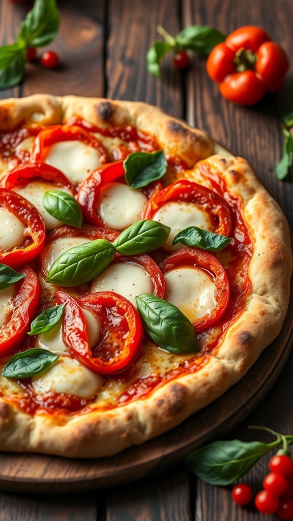A colorful Christmas pizza with roasted red peppers and spinach, garnished with basil on a wooden table.